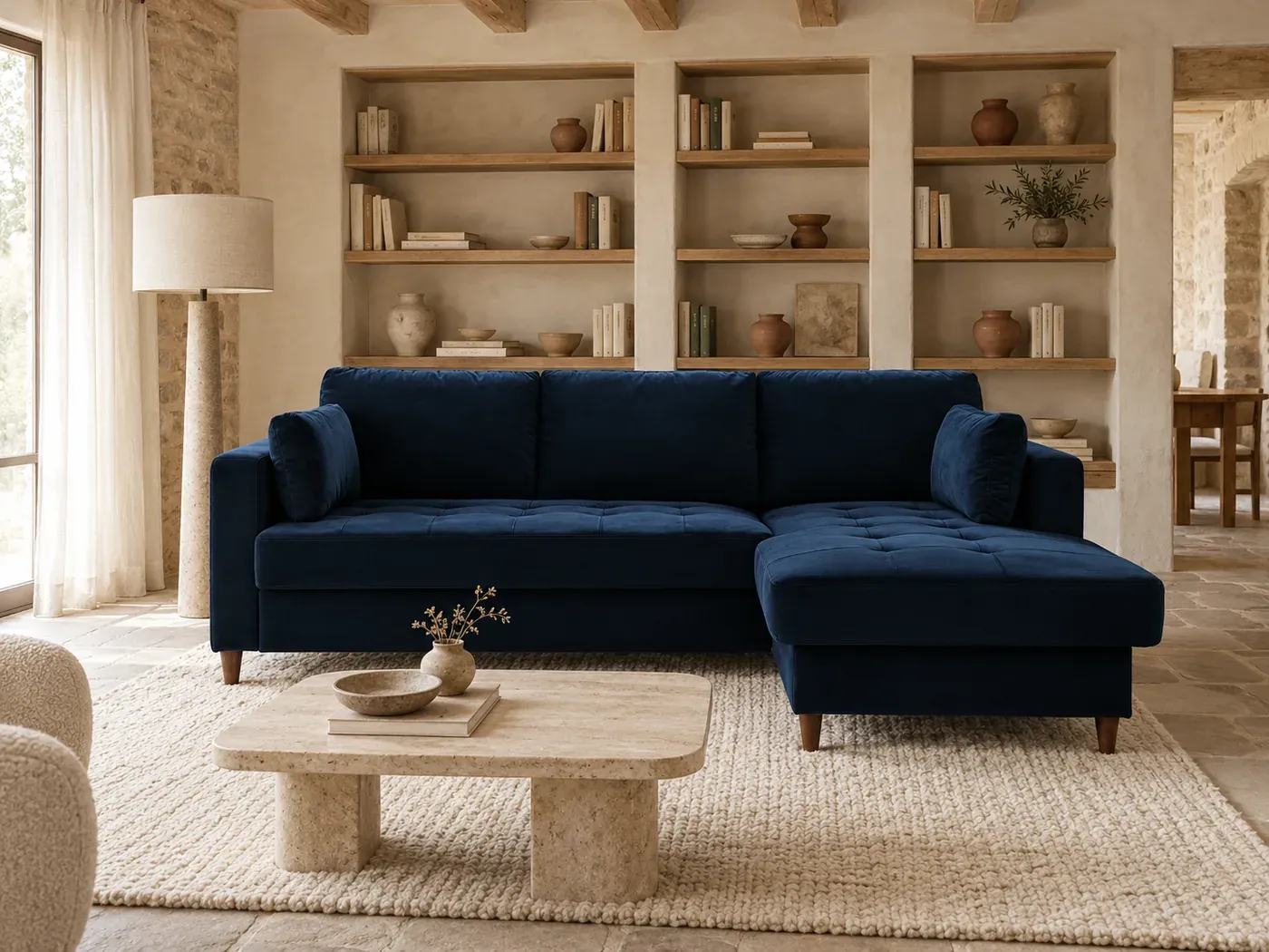 Mise en situation illustrée par IA à partir de la photo du coloris Canapé Anna Maisons du Monde, coloris Bleu nuit (mise en situation illustrée par IA)