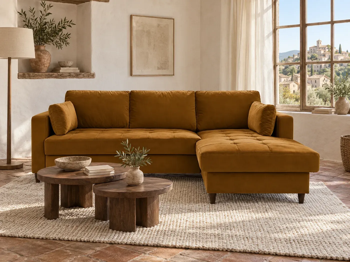 Canapé Anna Best Mobilier, coloris Jaune (mise en situation illustrée par IA)