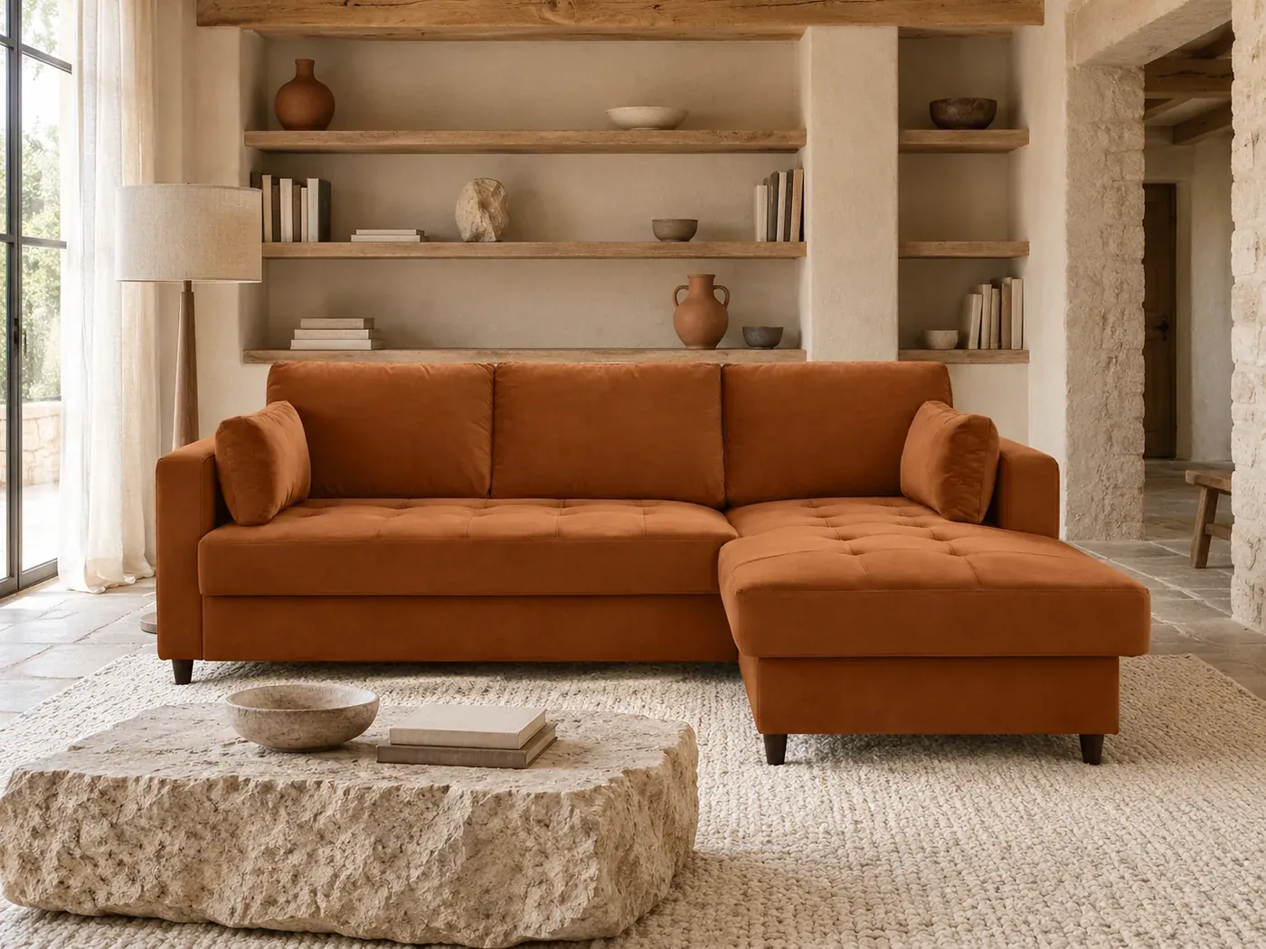 Mise en situation illustrée par IA à partir de la photo du coloris Canapé Anna Best Mobilier, coloris Rouille (mise en situation illustrée par IA)