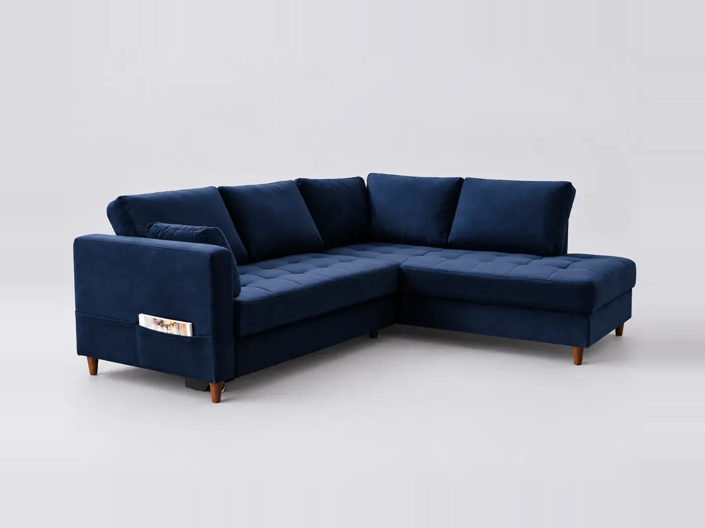 Canapé Anna Best Mobilier, 5 places d'angle convertible, velours, coloris bleu nuit