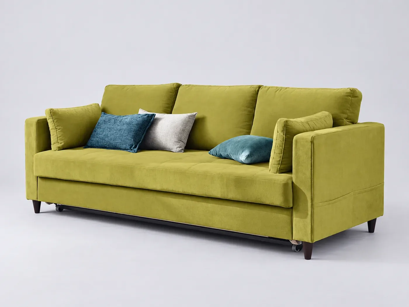 Canapé Anna Best Mobilier, 3 places droit convertible, velours, coloris vert olive