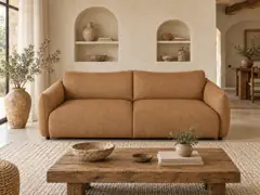 Canapé Jada Maisons du Monde, 3 places droit fixe, coloris marron, mise en situation dans un salon (illustration IA 1)