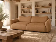 Canapé Jada Maisons du Monde, 3 places droit fixe, coloris marron, mise en situation dans un salon (illustration IA 3)