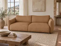 Canapé Jada Maisons du Monde, 3 places droit fixe, coloris marron, mise en situation dans un salon (illustration IA 4)