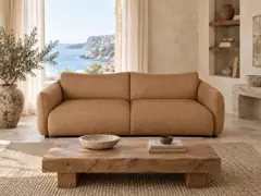 Canapé Jada Maisons du Monde, 3 places droit fixe, coloris marron, mise en situation dans un salon (illustration IA 6)