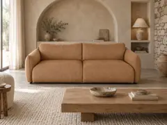 Canapé Jada Maisons du Monde, 3 places droit fixe, coloris marron, mise en situation dans un salon (illustration IA 7)