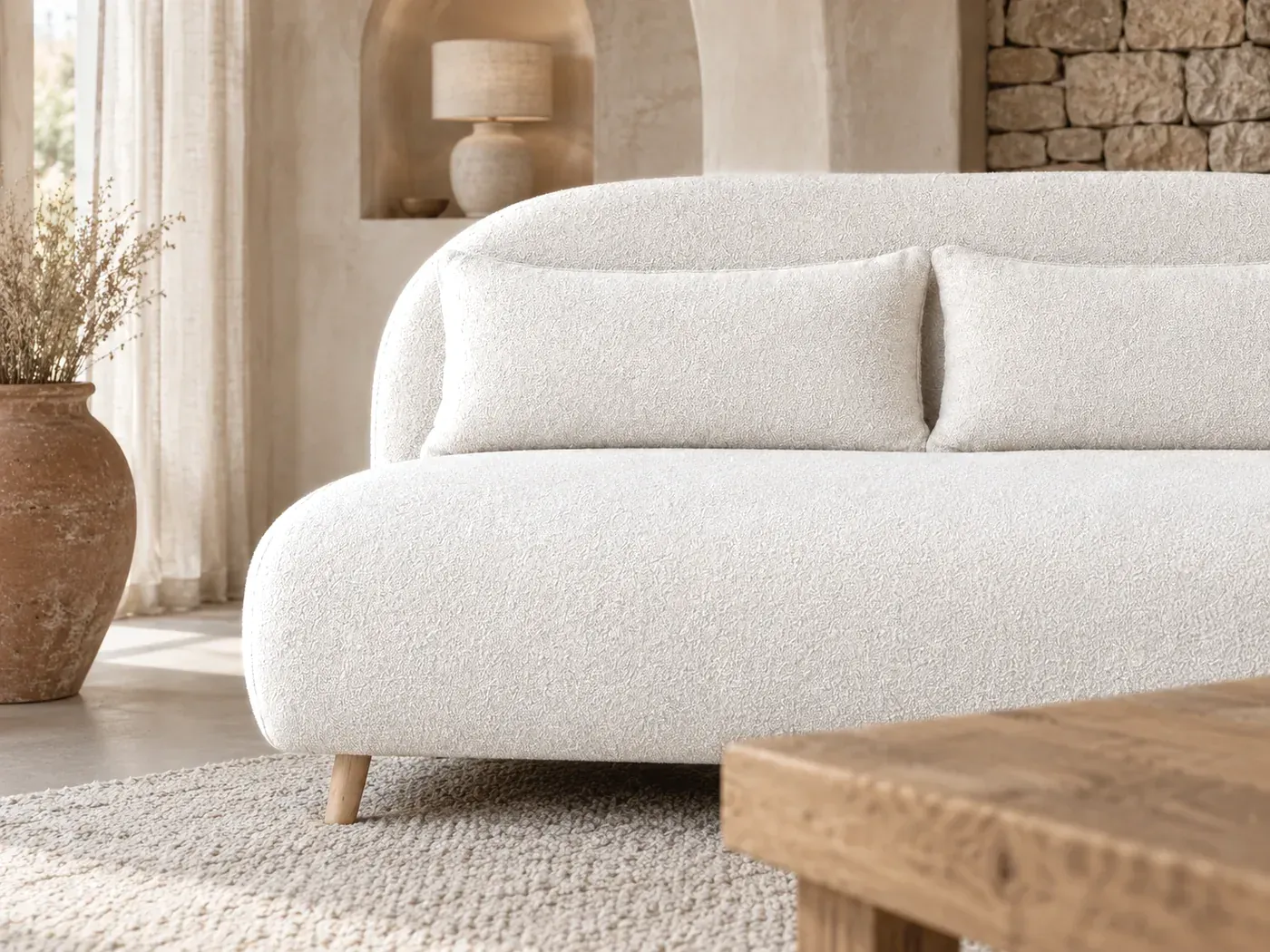 Ponio, 2 places droit convertible, bouclette, coloris ecru : gros plan sur les coussins