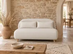 Canapé Ponio Maisons du Monde, 2 places droit convertible, bouclette, coloris ecru, mise en situation dans un salon (illustration IA 3)