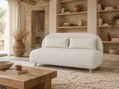 Canapé Ponio Maisons du Monde, 2 places droit convertible, bouclette, coloris ecru, mise en situation dans un salon (illustration IA 6)