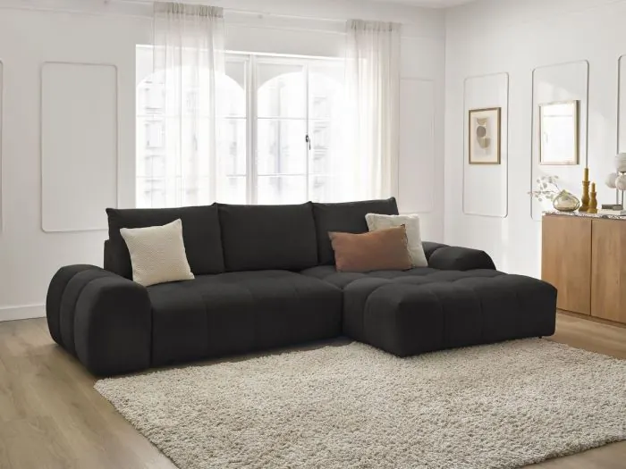 Canapé Everest Bobochic, 3 places d'angle convertible, tissu texturé, coloris noir