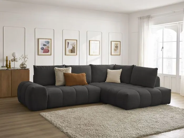 Canapé Everest Bobochic, 3 places d'angle convertible en L, tissu texturé, coloris noir