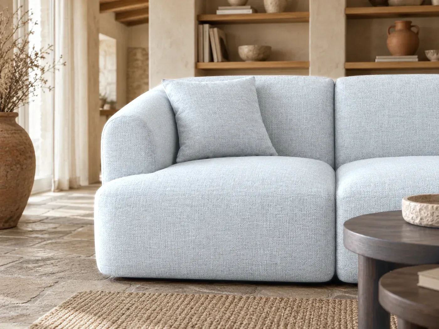 Campi, 4 places d'angle fixe, tissu structurel, coloris gris clair : gros plan sur l'accoudoir