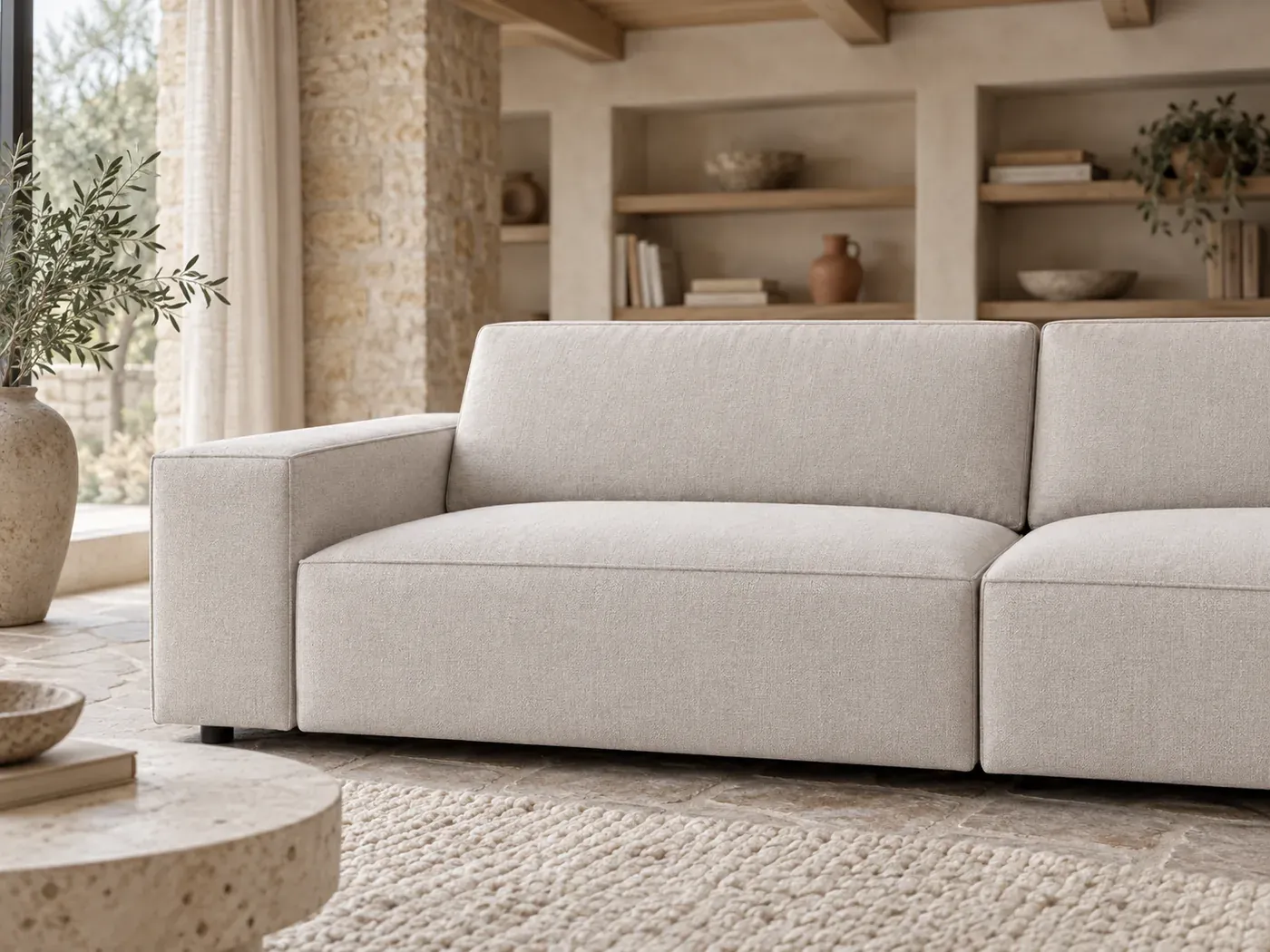 Jodie, 3 places droit fixe, tissu, coloris beige clair : gros plan sur le tissu