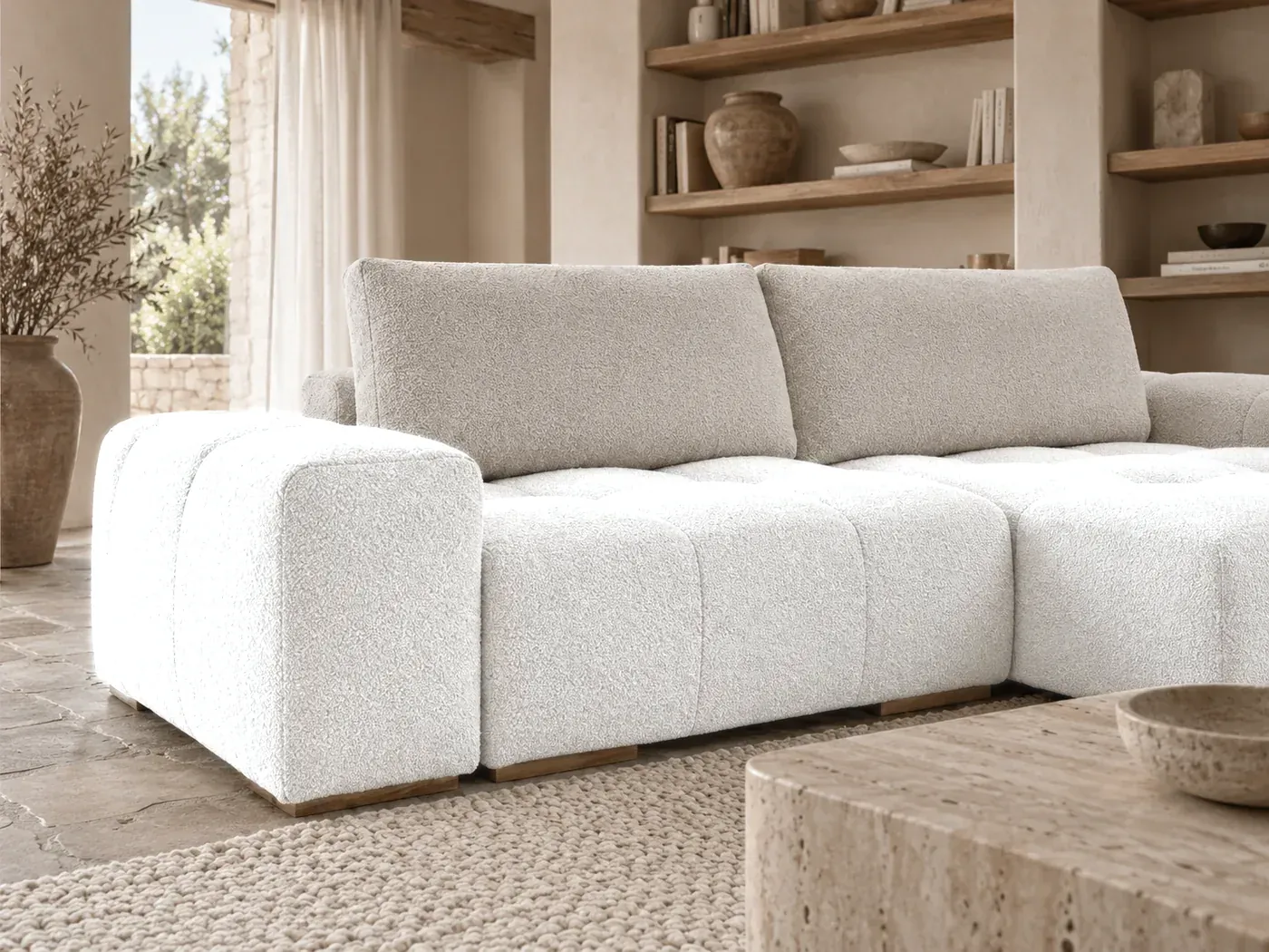 Anakin, 4 places d'angle convertible, bouclette, coloris blanc : gros plan sur les coussins