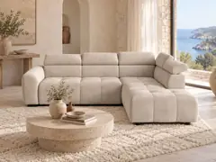 Canapé Moby Conforama, 5 places d'angle convertible, coloris beige, mise en situation dans un salon (illustration IA 1)