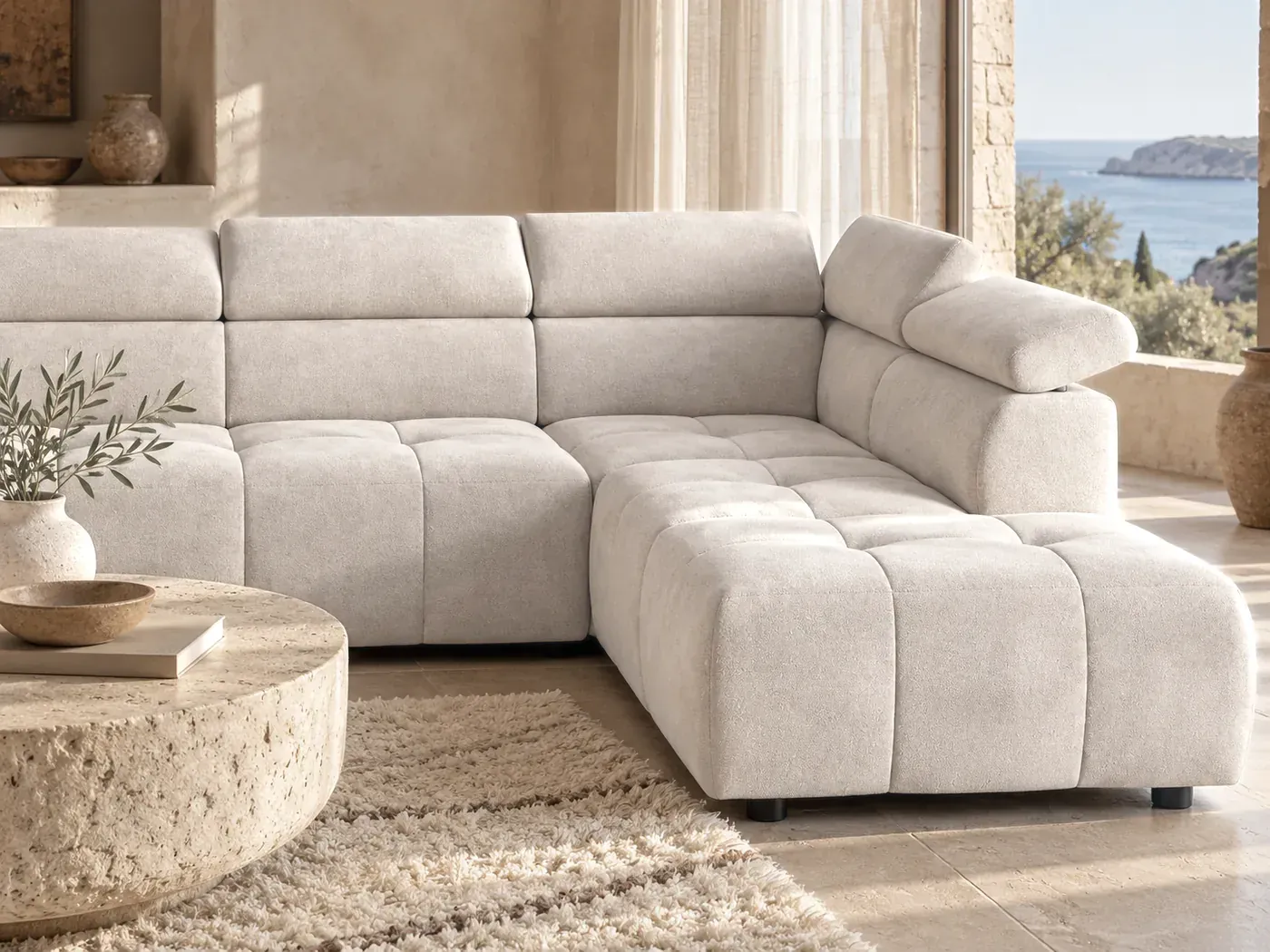 Moby, 5 places d'angle convertible, coloris beige : gros plan sur le tissu