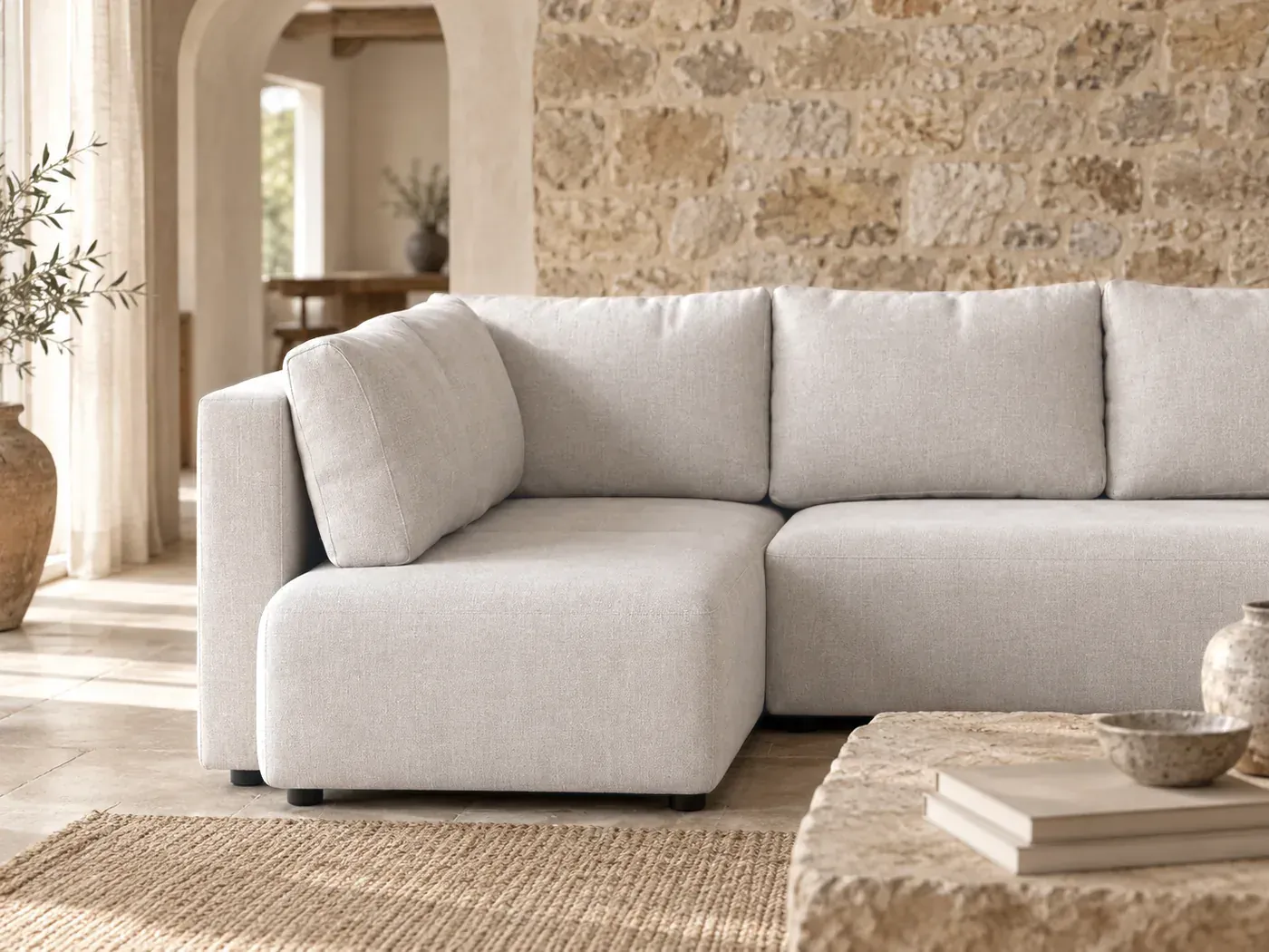 Abel, 5 places panoramique convertible, coloris beige : gros plan sur le tissu
