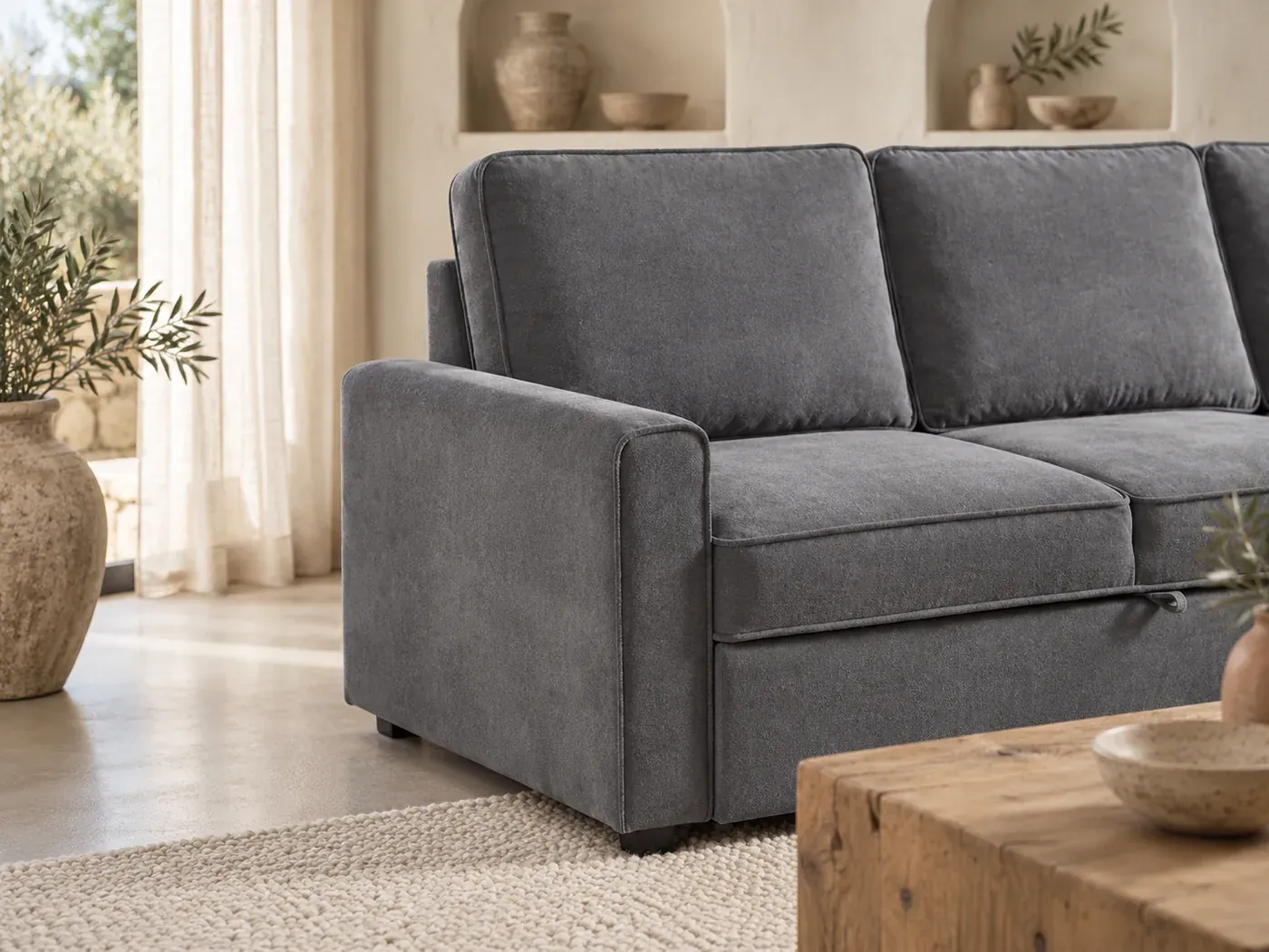 Lurkey, 4 places d'angle convertible, coloris gris : gros plan sur l'accoudoir