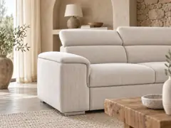 Canapé Beverly Conforama, 4 places d'angle convertible, coloris beige, mise en situation dans un salon (illustration IA 2)