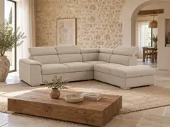 Canapé Beverly Conforama, 4 places d'angle convertible, coloris beige, mise en situation dans un salon (illustration IA 3)