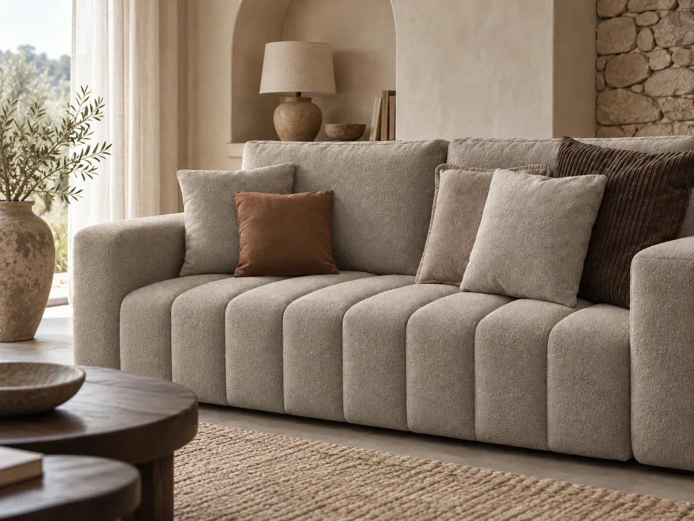 Maxence, 3 places droit convertible, coloris taupe : gros plan sur les coussins