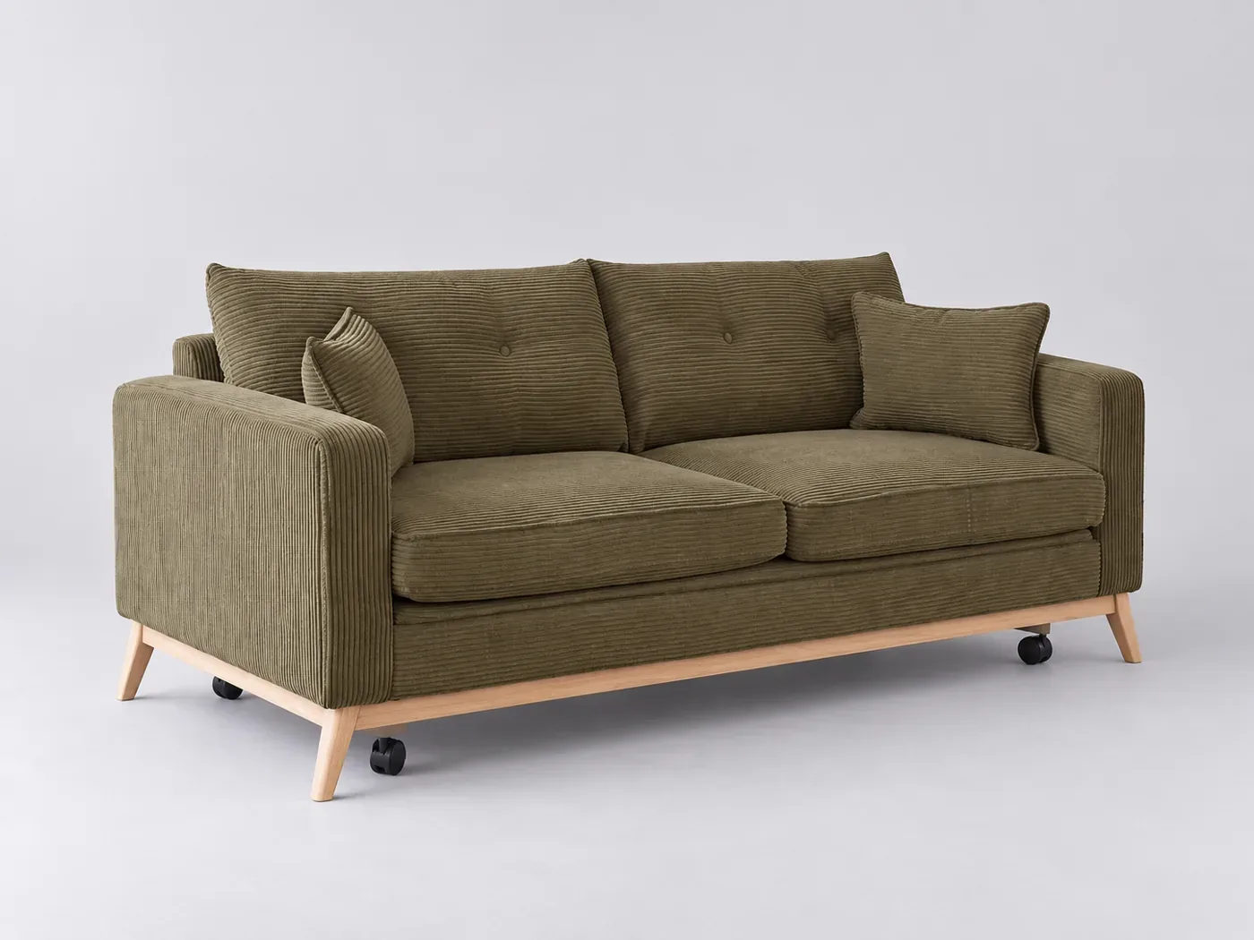 Canapé Brooke Maisons du Monde, 3 places droit convertible, velours côtelé, coloris vert kaki