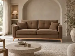Canapé Brooke Maisons du Monde, 3 places droit fixe, velours côtelé, coloris vert kaki, mise en situation dans un salon (illustration IA 7)