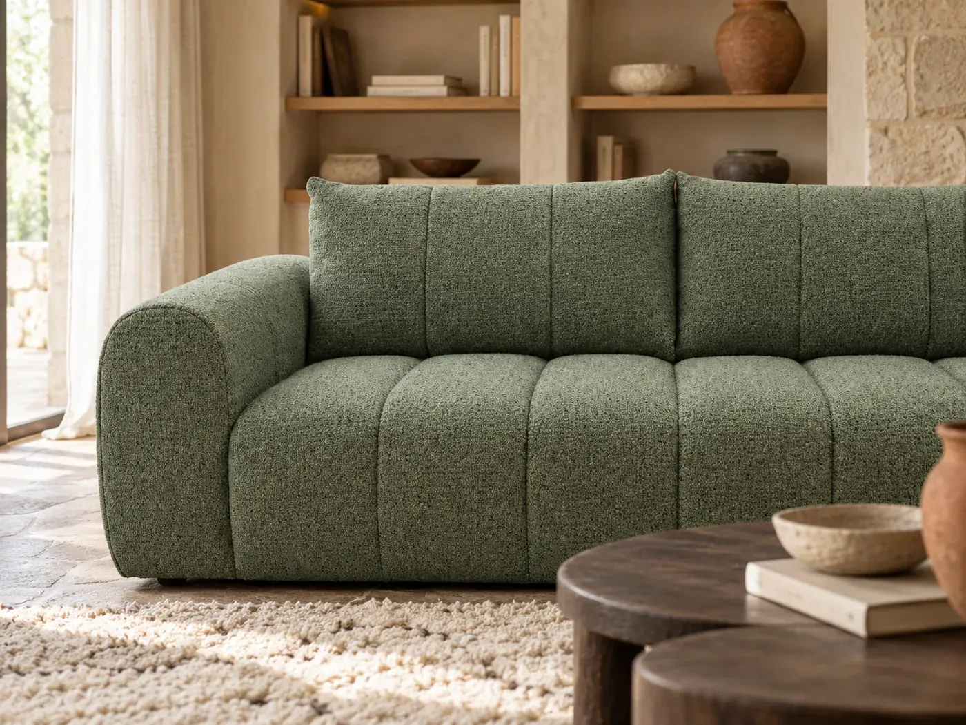 Nesty, 3 places droit fixe, coloris vert clair : gros plan sur les coussins