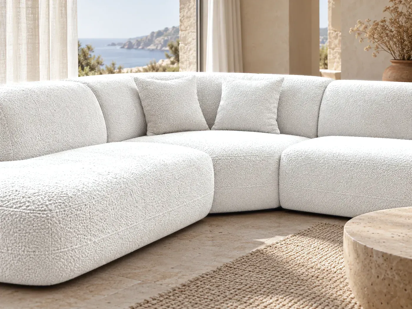 Anda, 6 places d'angle fixe en L modulable, coloris blanc : gros plan sur le tissu