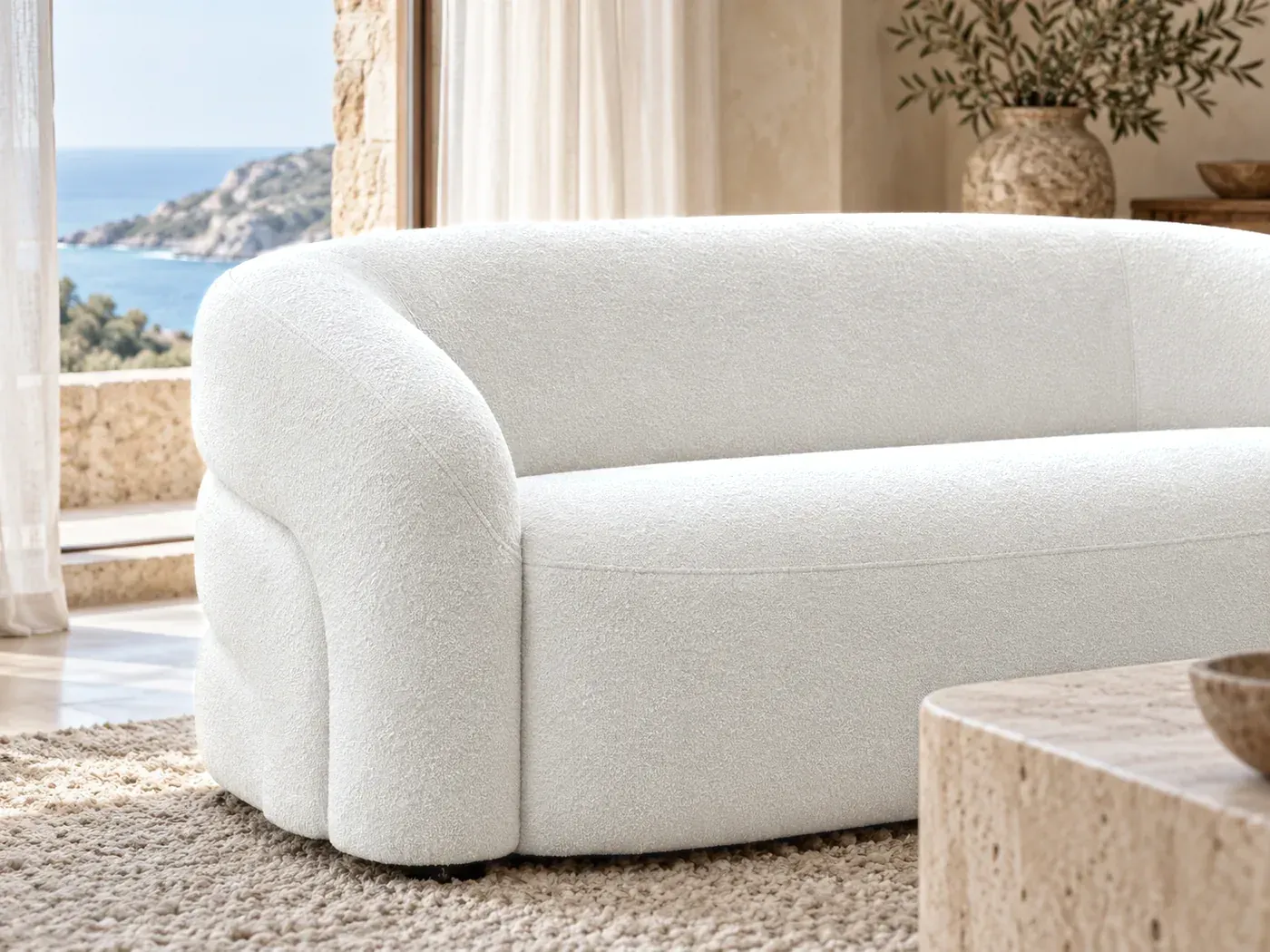 Elina, 2 places droit fixe, bouclette, coloris blanc : gros plan sur les coussins