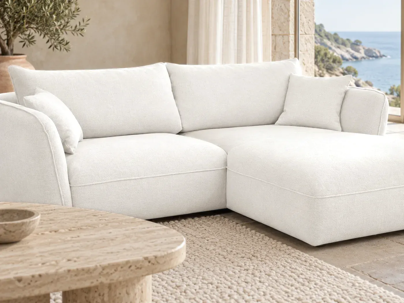 Luigi, 3 places d'angle fixe, coloris blanc : gros plan sur les coussins