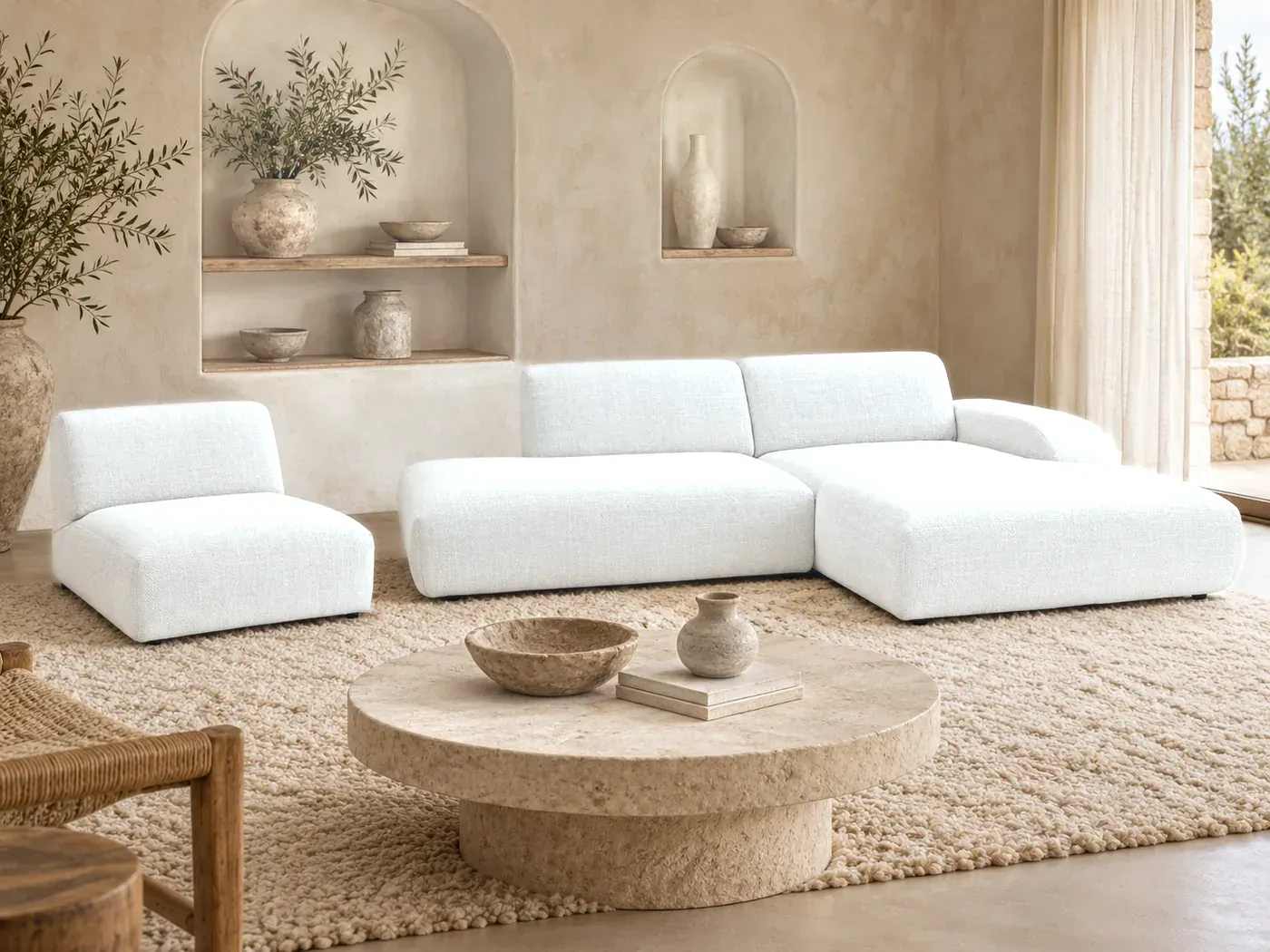 Sirius, 4 places d'angle fixe modulable (1 chauffeuse), coloris blanc : gros plan sur les coussins