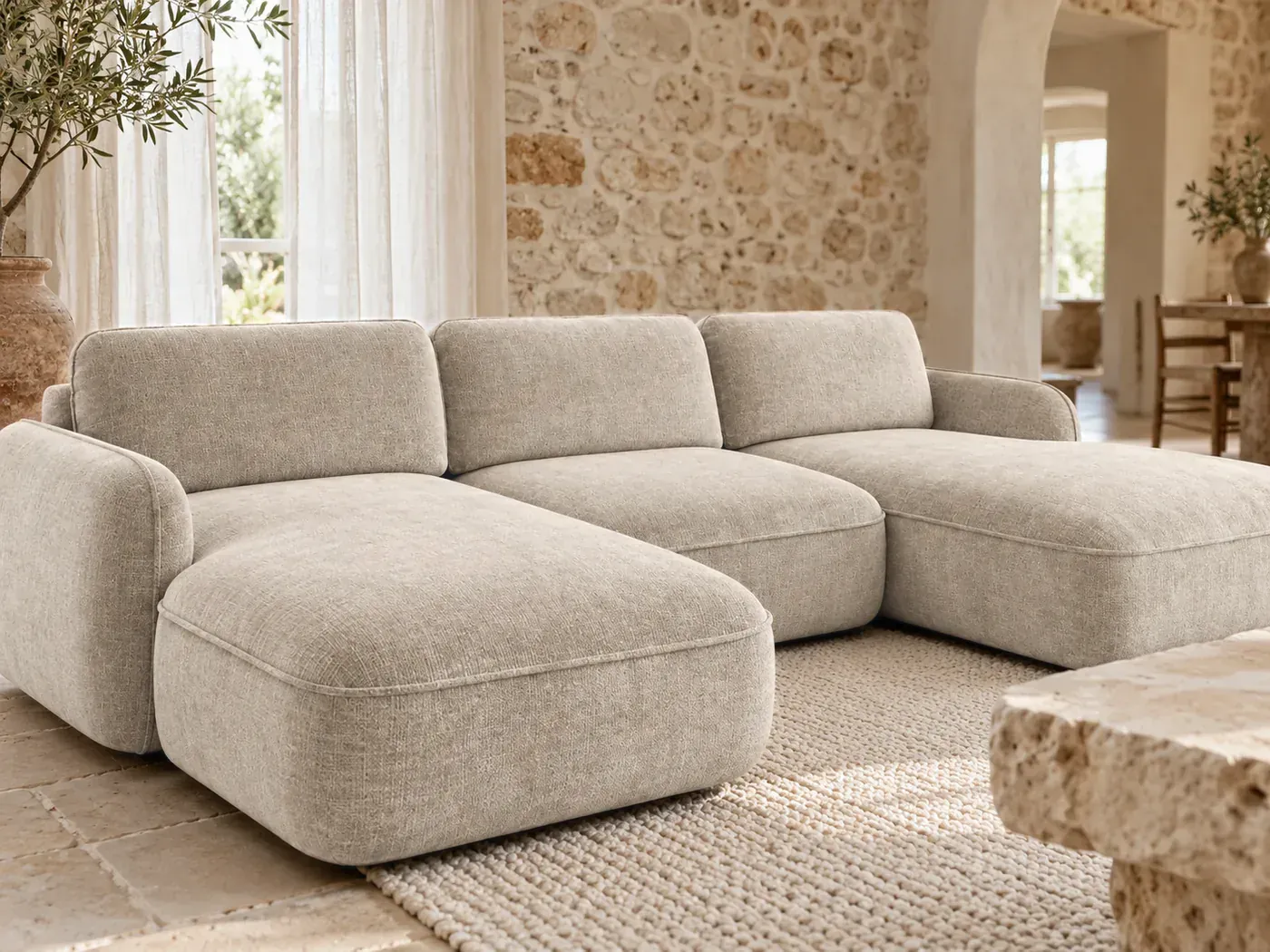 Celeste, 4 places panoramique convertible, coloris beige : gros plan sur les coussins