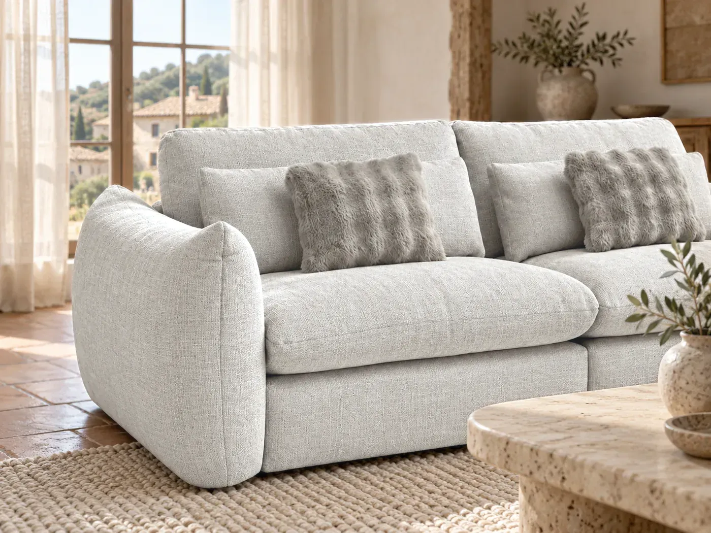 Eugene, 3 places droit fixe, coloris beige : gros plan sur le tissu
