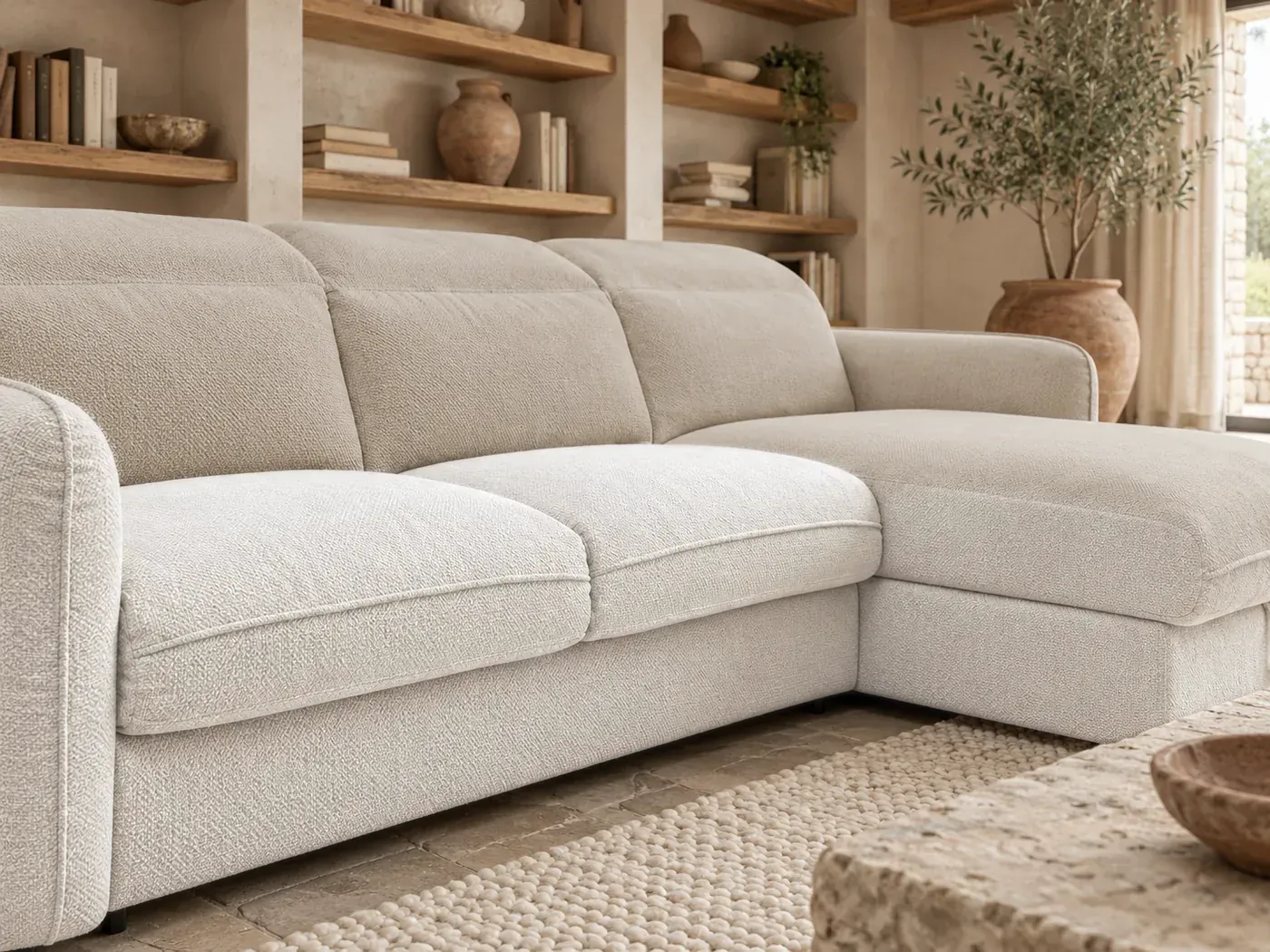 Achille, 4 places d'angle convertible express couchage 140x200, coloris beige : gros plan sur le tissu