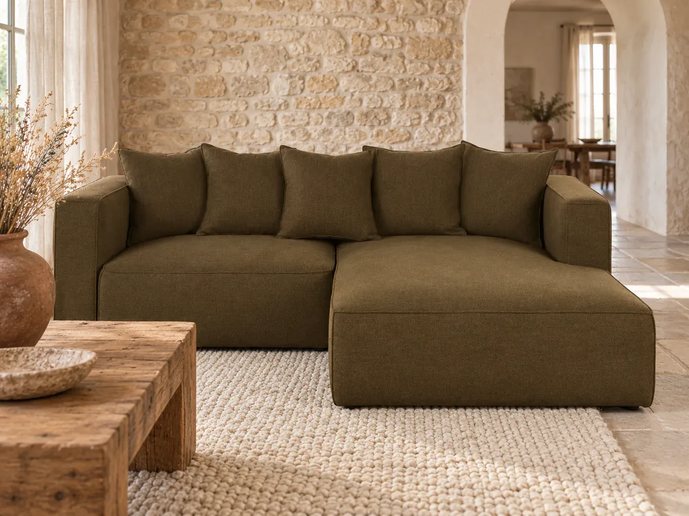 Barnaby, 3 places d'angle convertible, tissu, coloris vert kaki : gros plan sur le tissu