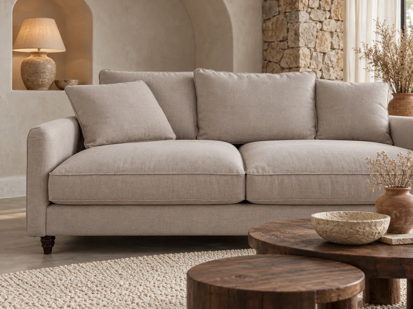 Auguste, 3 places droit fixe, tissu, coloris beige : gros plan sur les coussins