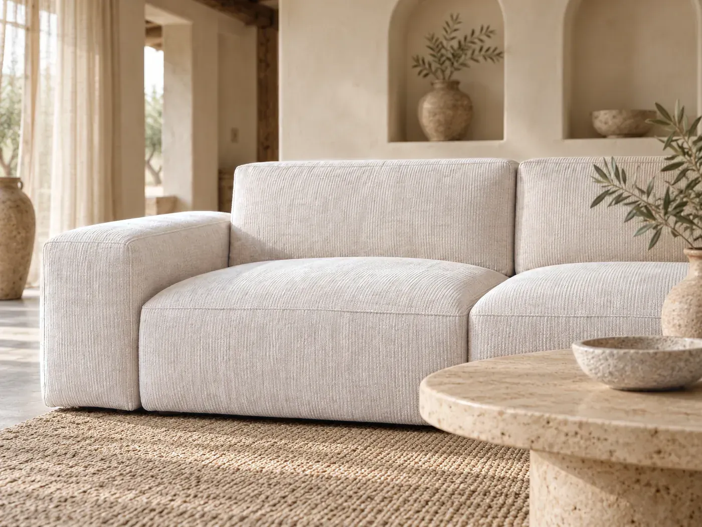 Apache, 4 places droit fixe, tissu, coloris beige : gros plan sur les coussins