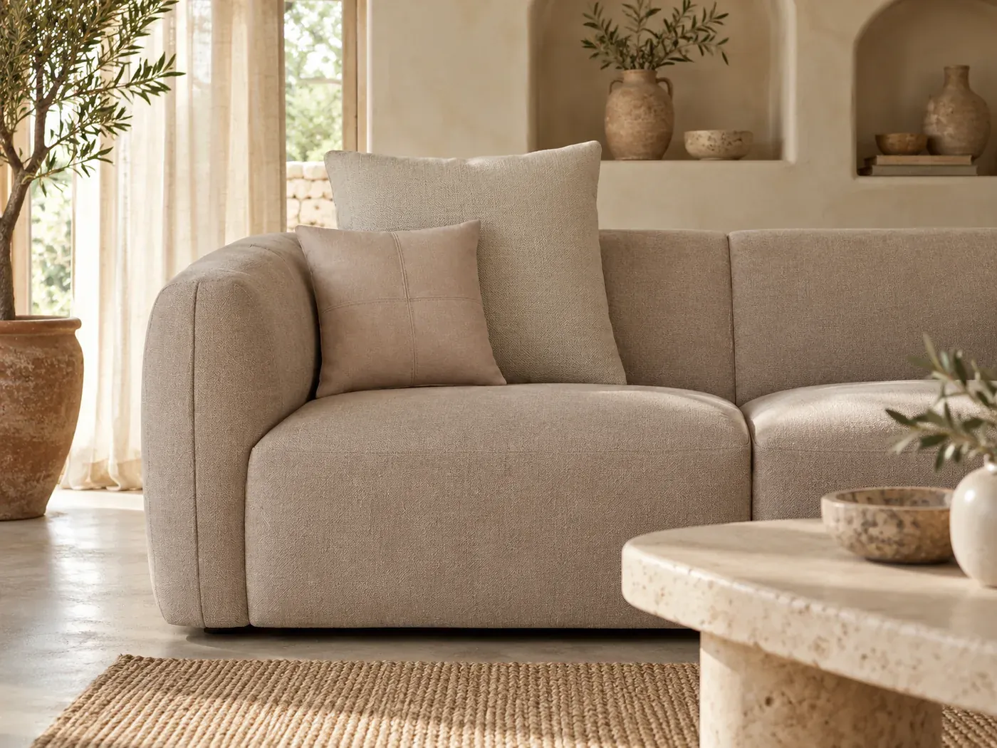Jiggy, 3 places droit fixe, tissu, coloris beige : gros plan sur le tissu