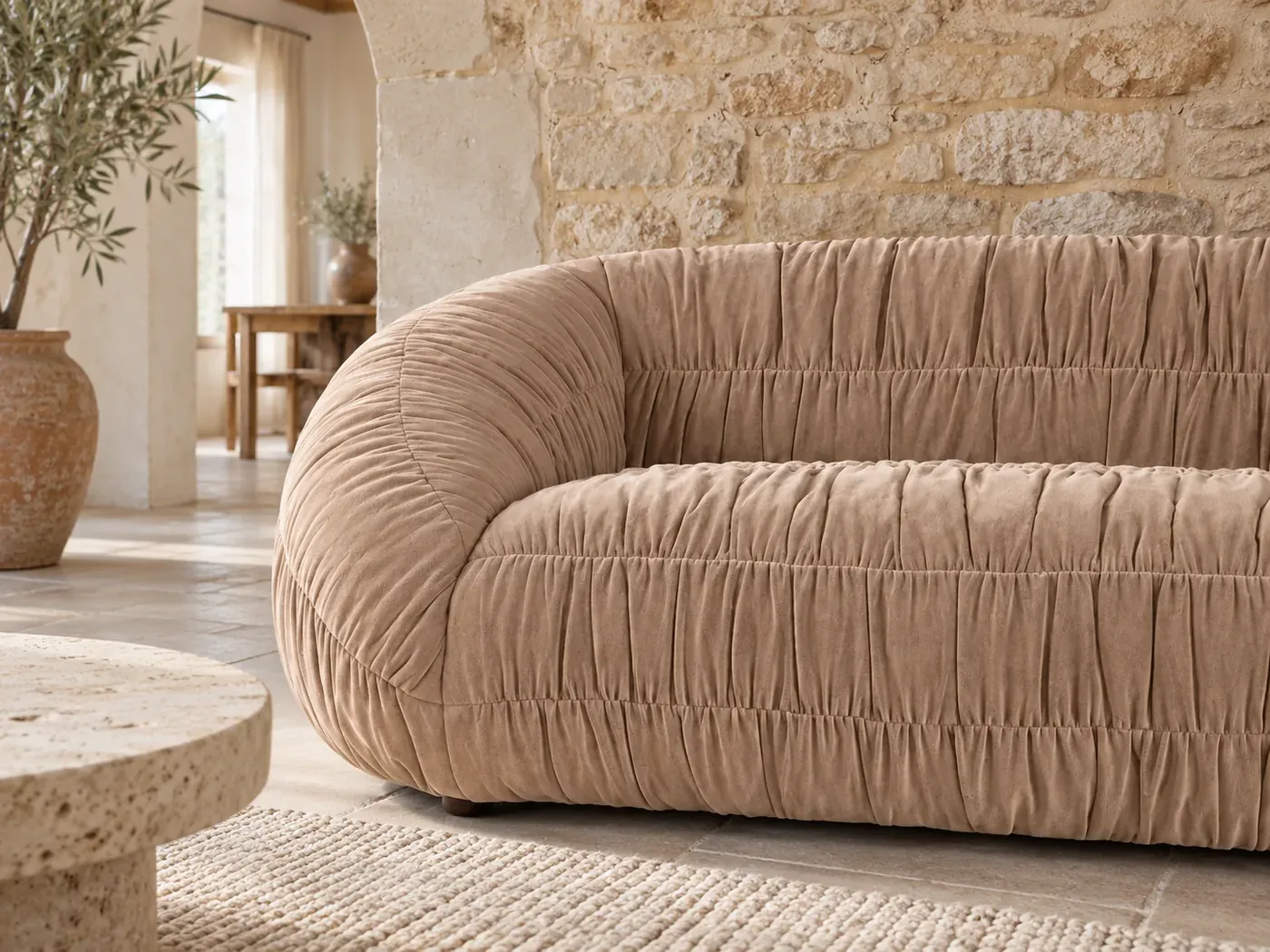 Dixon, 2 places droit fixe, tissu, coloris beige latte : gros plan sur le tissu