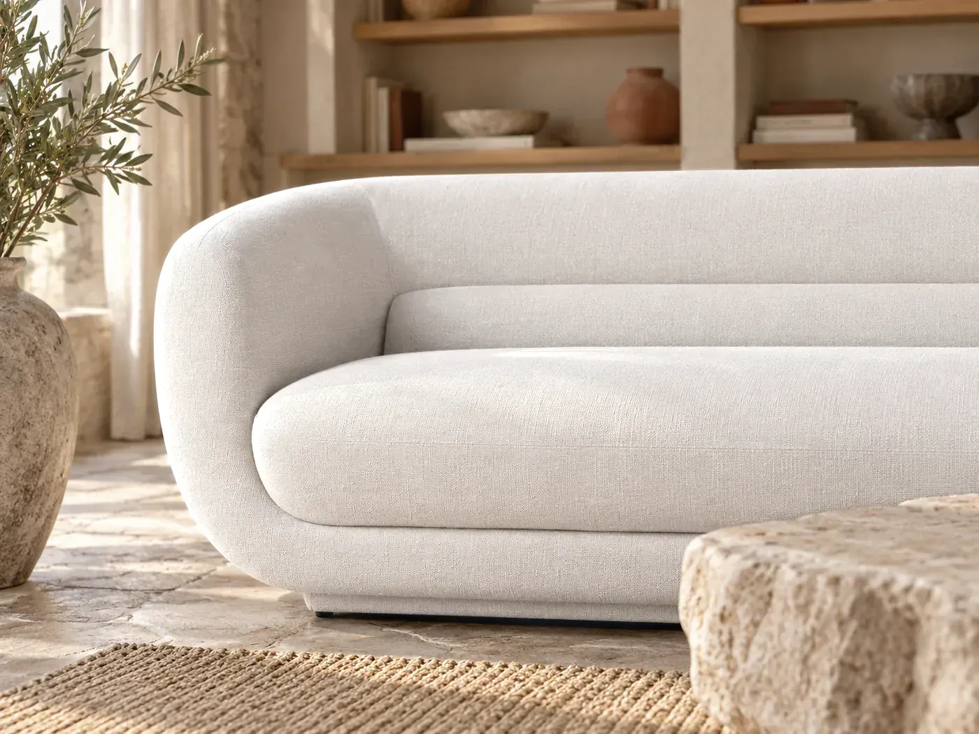 Flare, 3 places droit fixe, tissu, coloris beige : gros plan sur le tissu