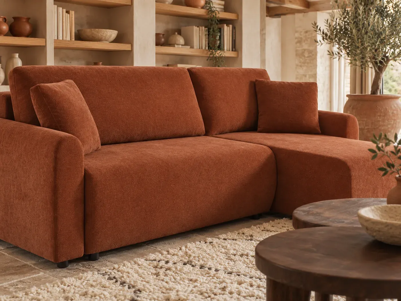 Berlin, 3 places d'angle convertible, tissu, coloris terracotta : gros plan sur le tissu