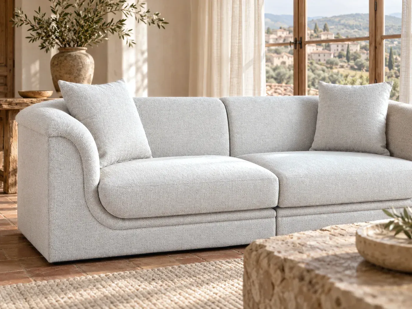 Ewing, 3 places droit fixe, tissu, coloris beige : gros plan sur le tissu
