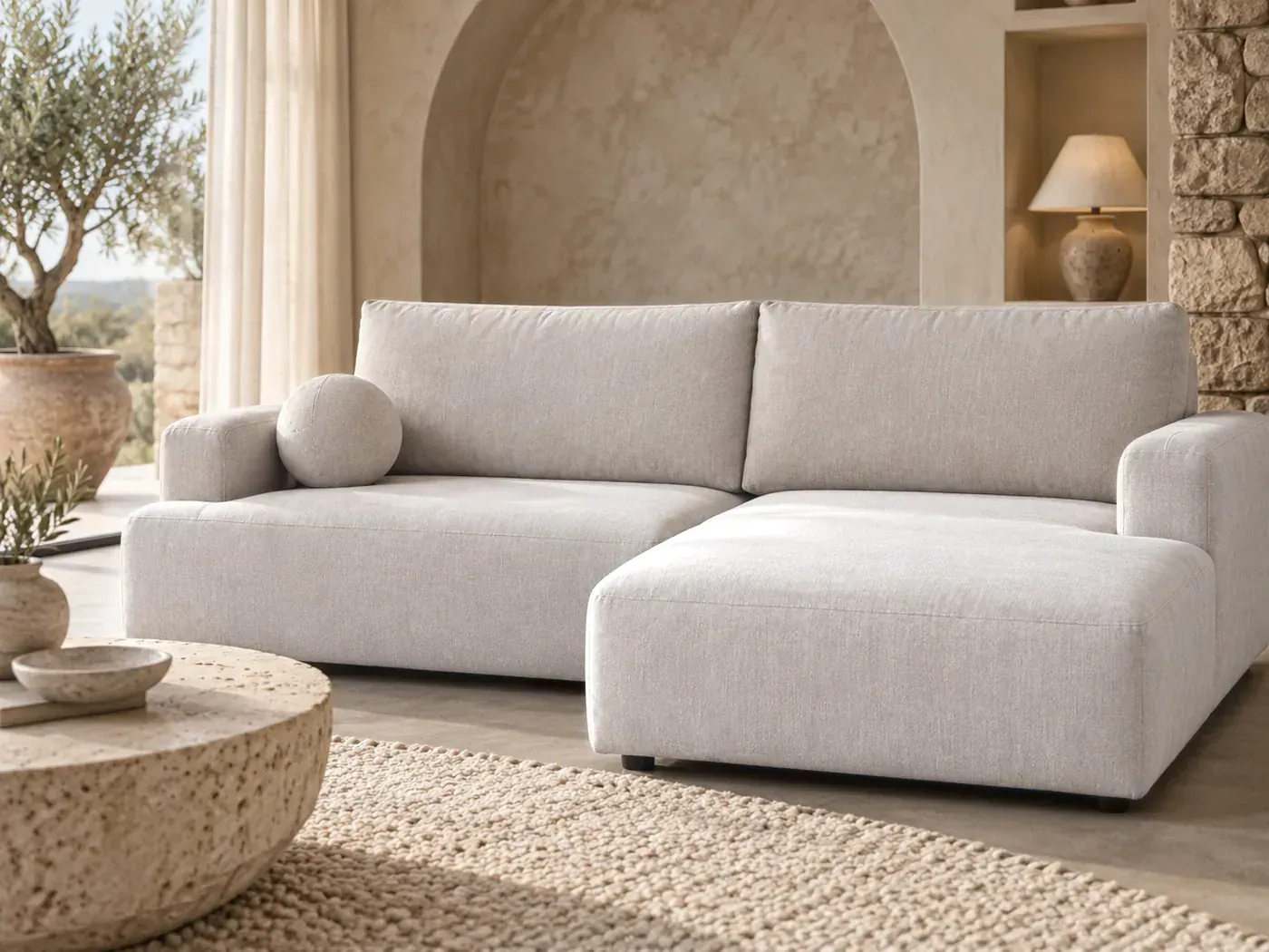 Vini, 4 places d'angle convertible, tissu, coloris beige : gros plan sur le tissu