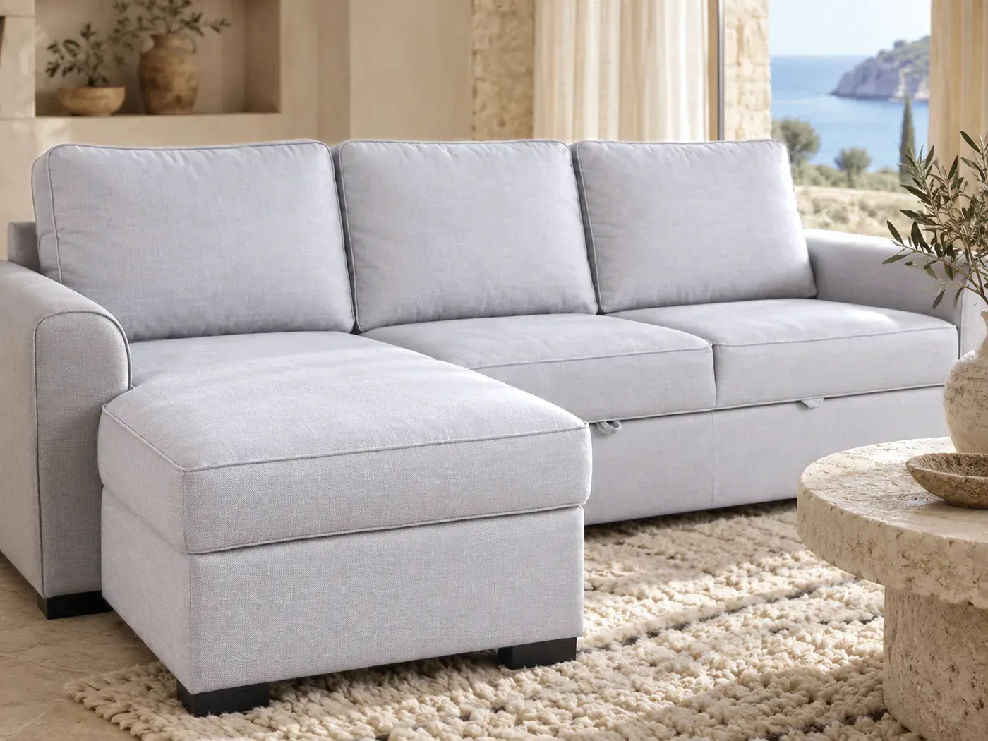 Montreal, 3 places d'angle convertible, coton, coloris gris clair : gros plan sur le tissu
