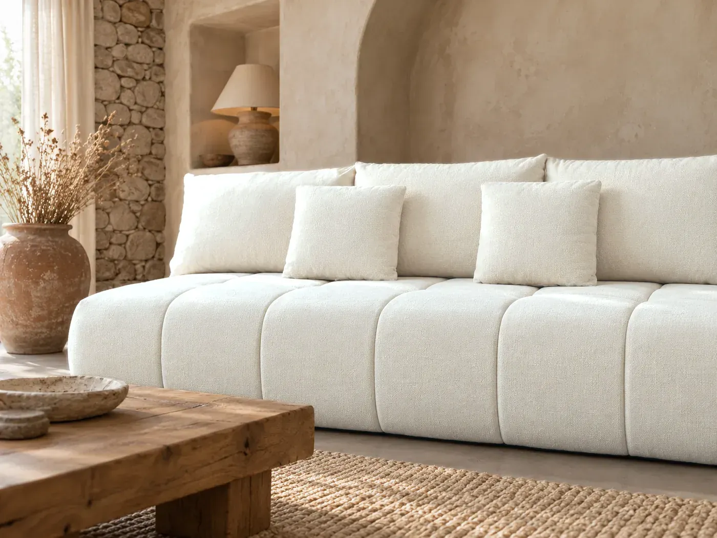 Wendy, 3 places droit convertible, tissu, coloris beige : gros plan sur les coussins