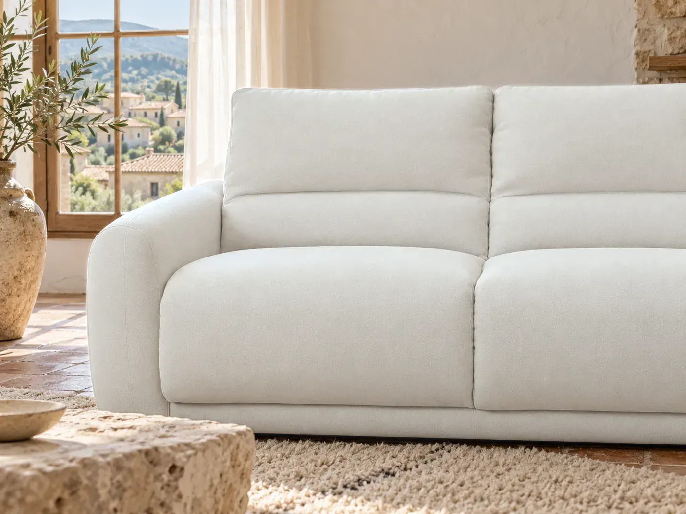 Minorque, 2 places droit convertible express couchage 140x200, coloris blanc : gros plan sur les coussins