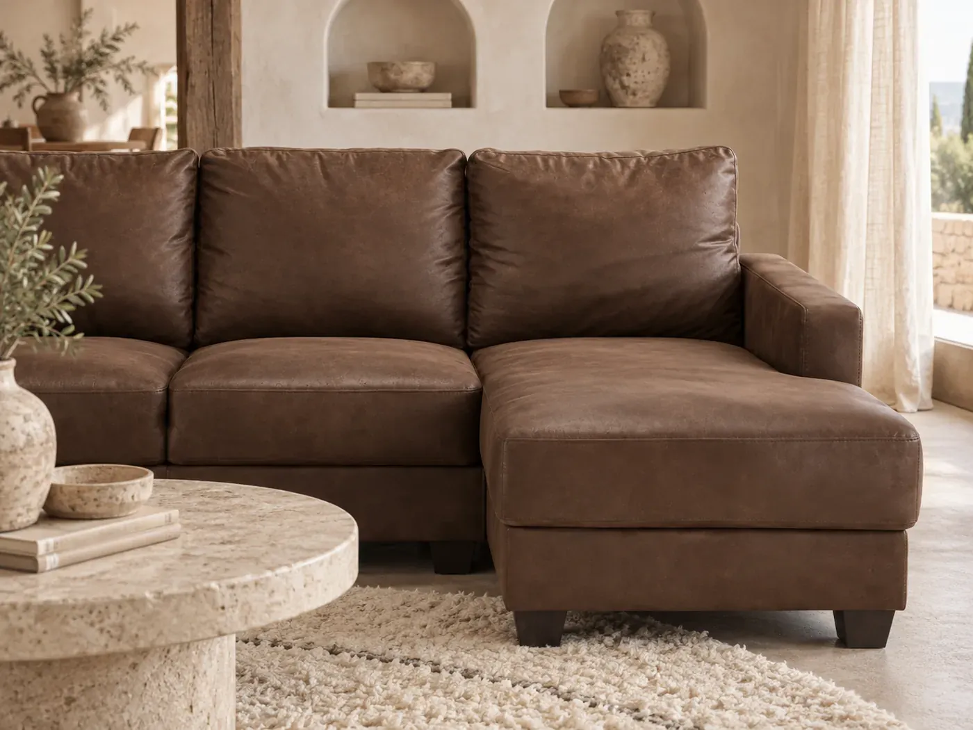Philadelphie, 3 places d'angle fixe, cuir, coloris marron effet vieilli : gros plan sur les coussins