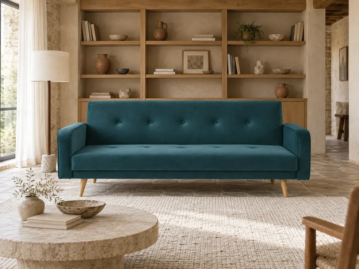 Canapé Broadway Maisons du Monde, coloris Bleu petrole (mise en situation illustrée par IA)