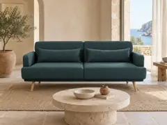 Canapé Elvis Maisons du Monde, 4 places droit convertible, coloris vert, mise en situation dans un salon (illustration IA 3)
